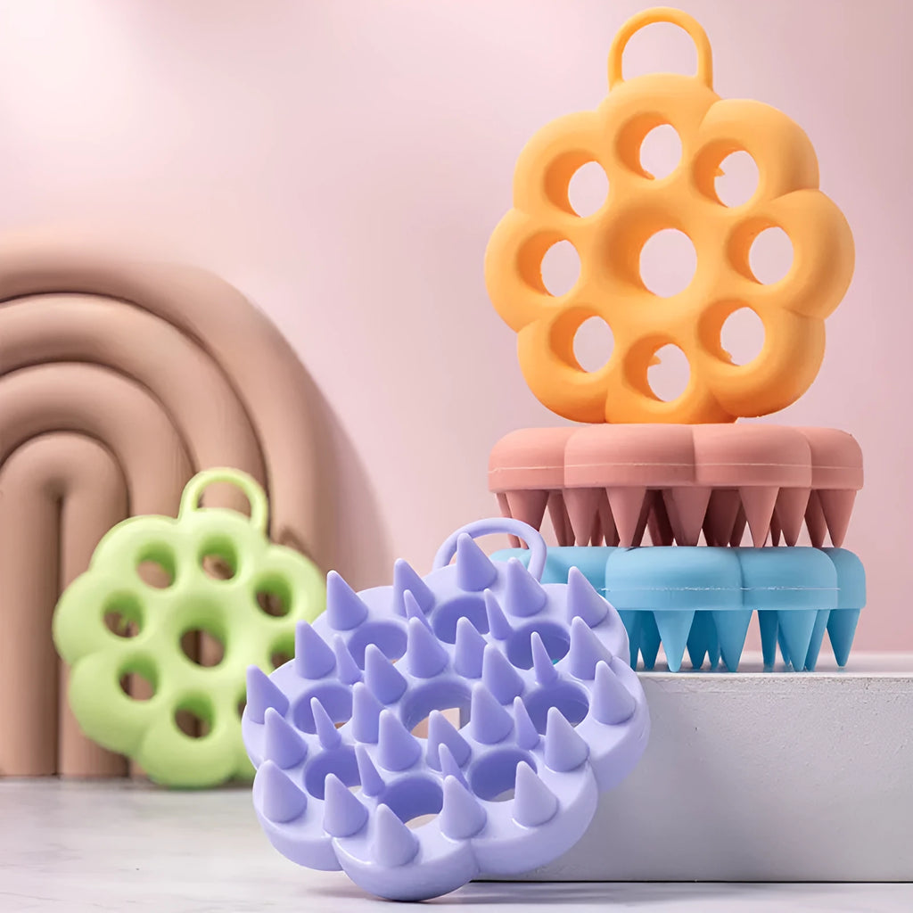 Silicone pet hair care brush for dry and wet use with massage bristles in blue, green, orange, pink, or purple