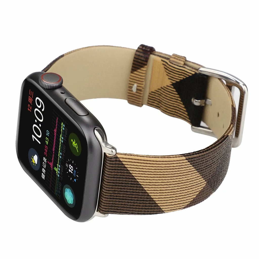 Grey plaid leather-style PU watch strap for 38/40mm or 42/44mm watch cases on a white background
