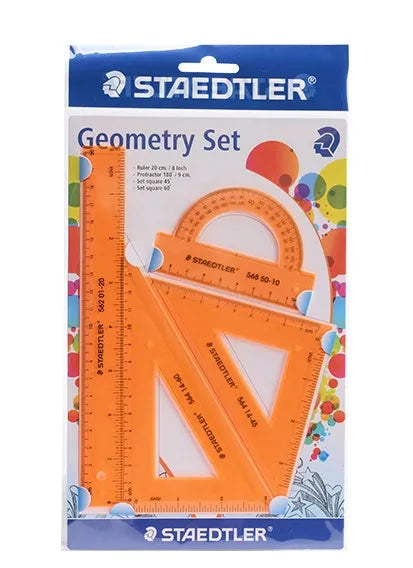 Four-piece plastic student ruler set with 15cm ruler, triangles and protractor in transparent and neon colours