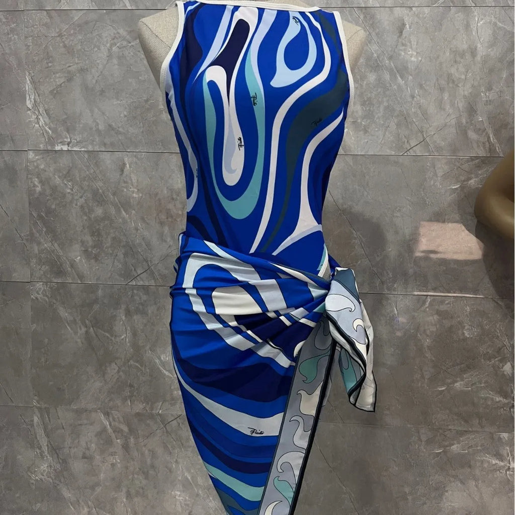 Women's striped polyester conjoined square scarf bikini swimsuit in blue and pink