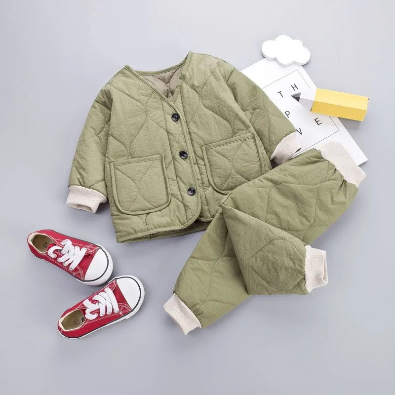 New Korean Version Plus Velvet Thickening Two-piece Baby Suit in beige, 95% cotton, sizes 80-130cm