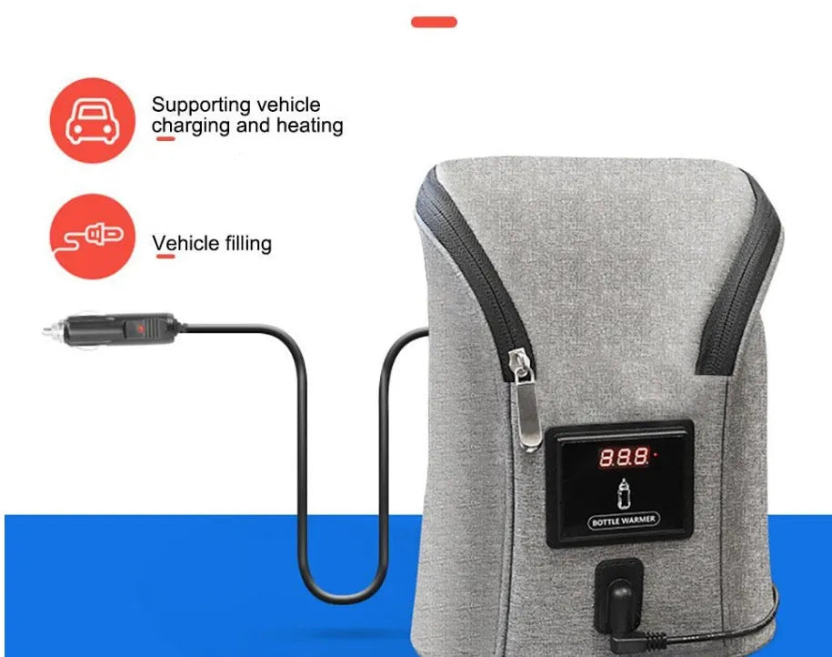 Grey Oxford cloth portable baby bottle warmer with car charger and electronic temperature display