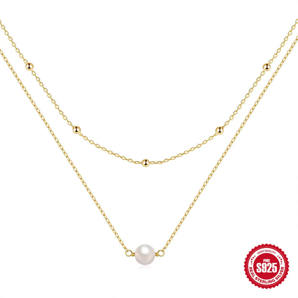 S925 sterling silver double layer necklace with twin geometric pearls in gold or white gold colour options