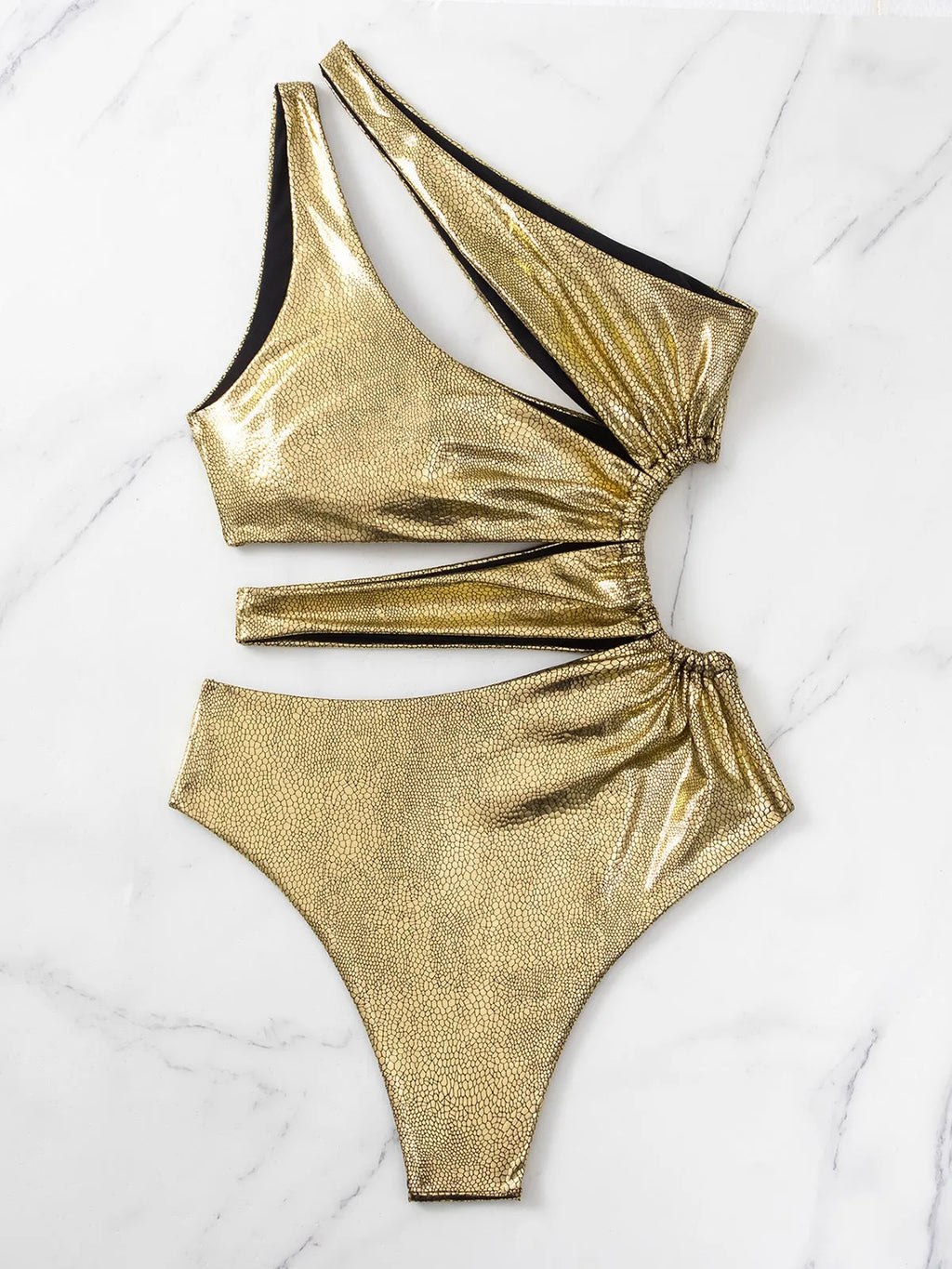 Gold backless one-piece swimsuit for women with solid colour design and spandex lining