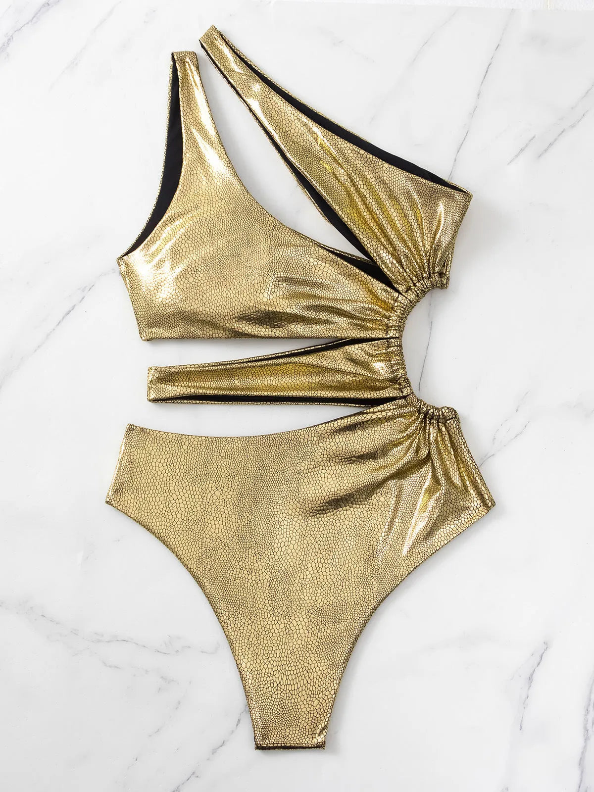 Gold backless one-piece swimsuit for women with solid colour design and spandex lining