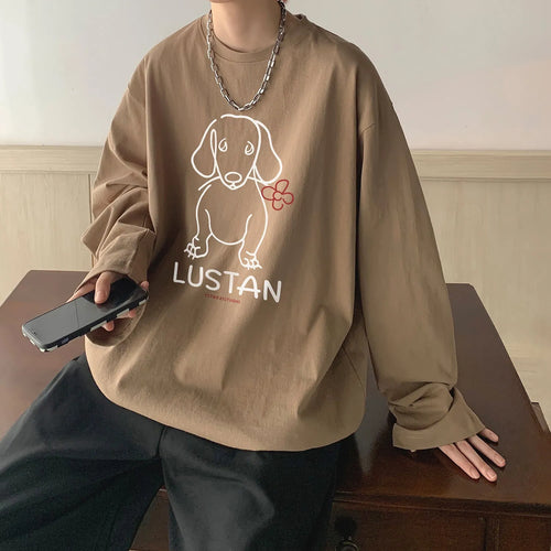 Cartoon puppy printed long sleeve cotton T-shirt in loose fit, available in multiple colours and sizes M to 5XL