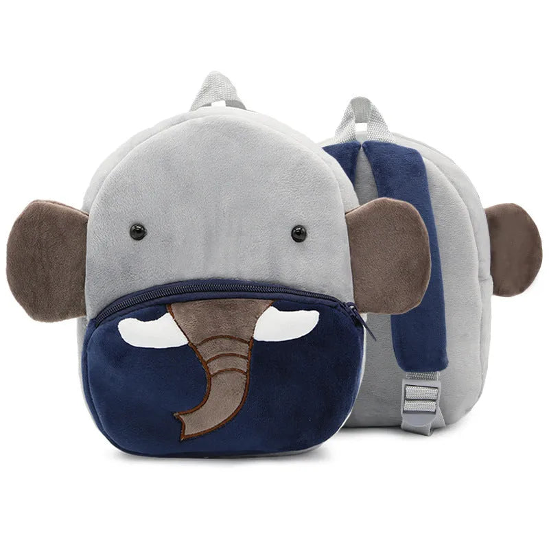 Cute plush animal backpack for children in elephant design, showing front zipper and straps.