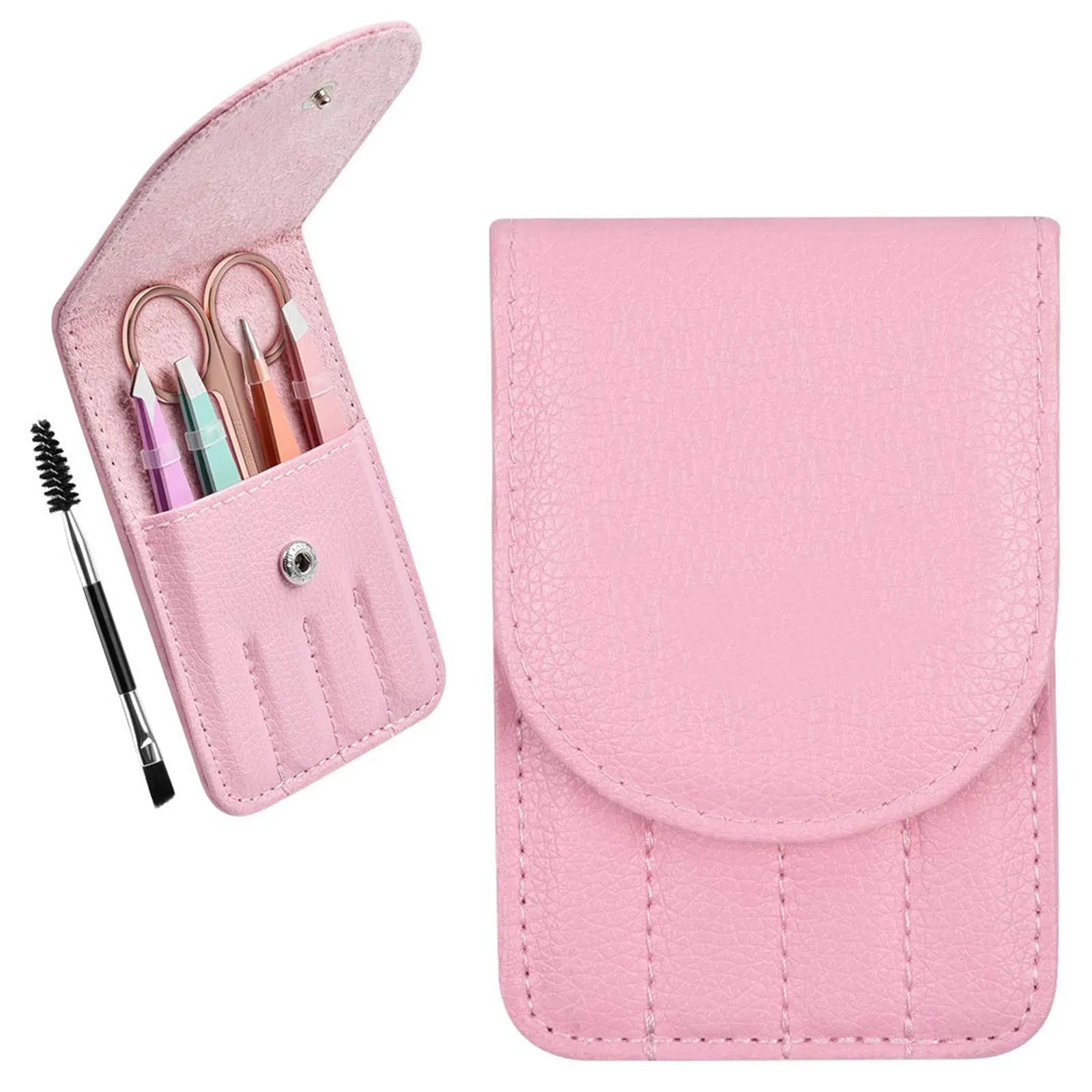 Six-piece stainless steel eyebrow tweezer set with slanted tips, curved scissors, brush, and leather case