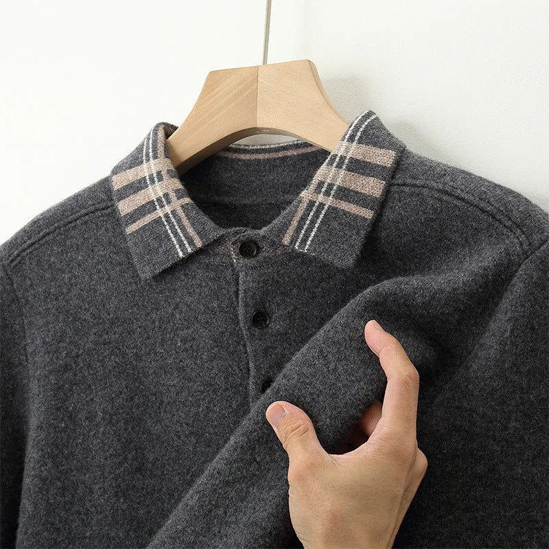 Men's cashmere loose fit pullover in coffee colour with jacquard knit and lapel collar