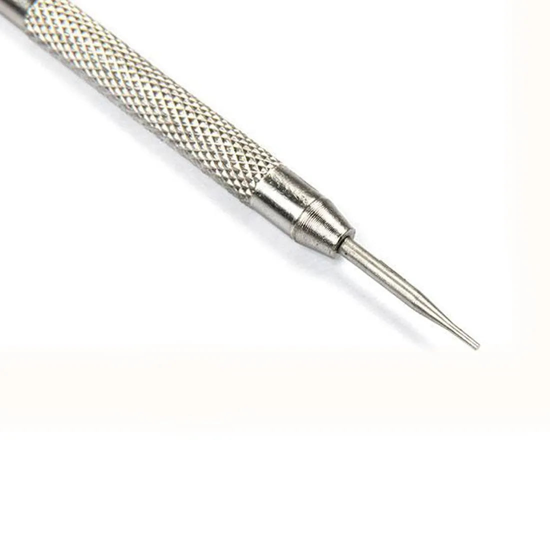 Stainless steel spring bar remover tool with V-edged and push-pin tips, 8.5cm length, on a grey background