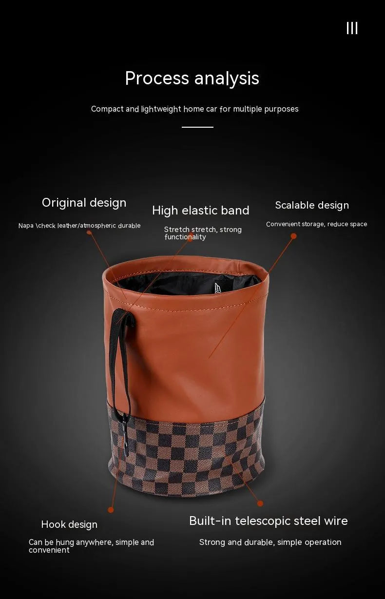 Tan retractable leather car trash can with handle in expanded position