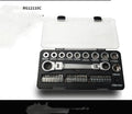 Dual-purpose ratchet wrench and screwdriver set with a collection of ten sockets and three bit heads laid out.