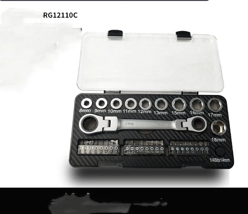 Dual-purpose ratchet wrench and screwdriver set with a collection of ten sockets and three bit heads laid out.