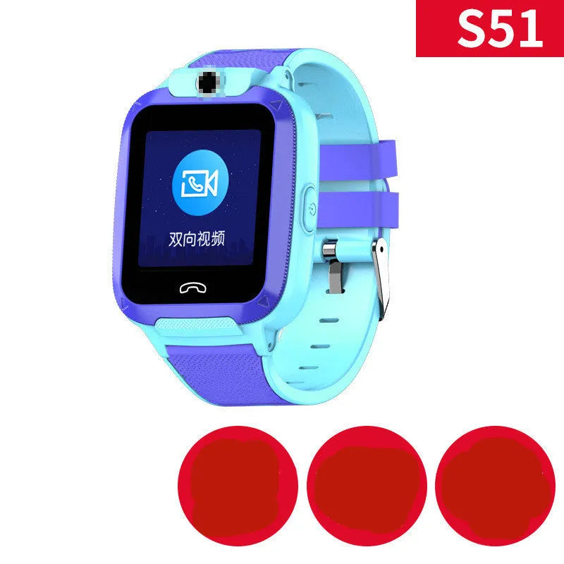 Children's smart watch with blue silicone strap showing 1.44-inch touchscreen displaying GPS and call functions