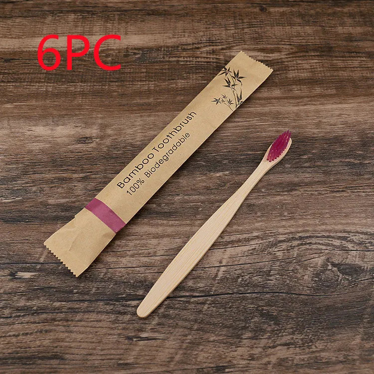Set of 10 bamboo toothbrushes in six colours with soft charcoal bristles