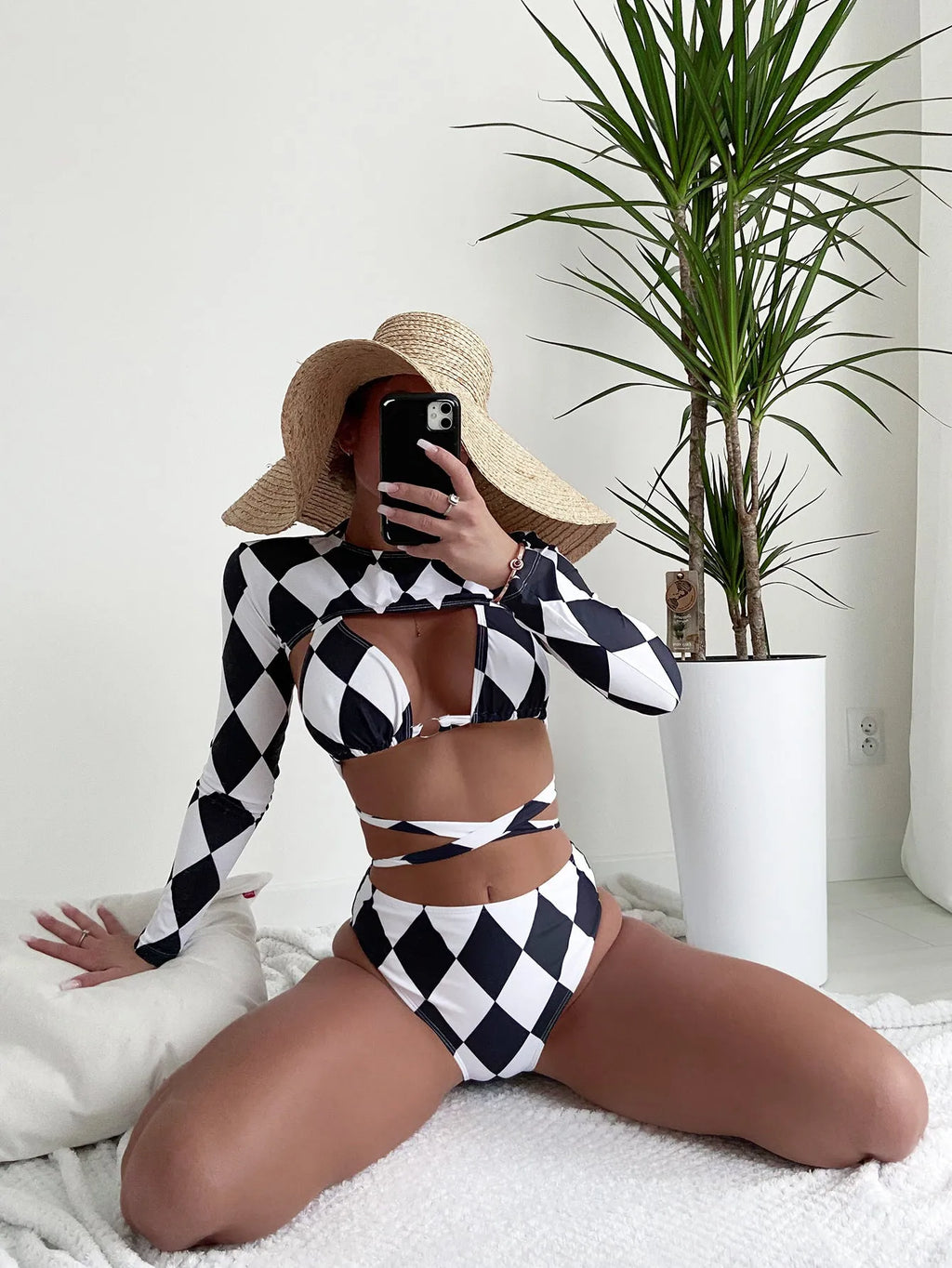 Ladies long sleeve plaid print bikini three-piece swimsuit set