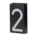 Solar powered outdoor house number light with white LEDs and wall mount.