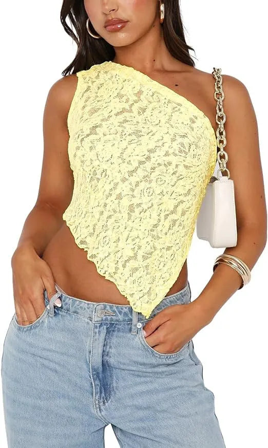 Women's lace backless sleeveless polyester vest top with asymmetrical neckline in solid colour