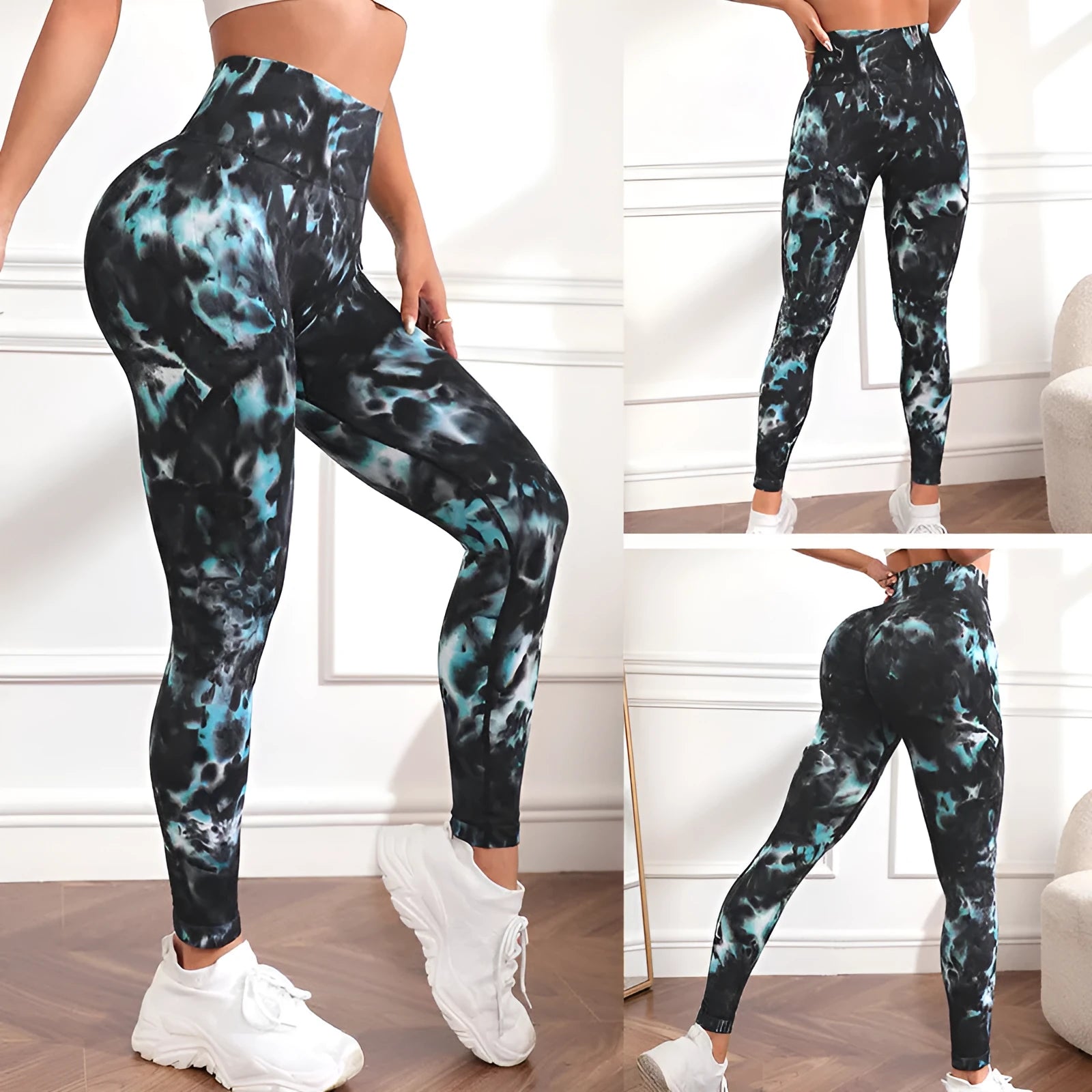 Women's black and green alternating yoga sports pants in light green nylon fabric for fitness running