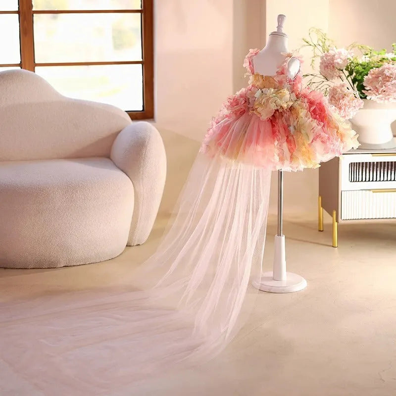 Pink girls French-style FARCENT princess dress with polyester fabric and Vinylon lining, eight height sizes available