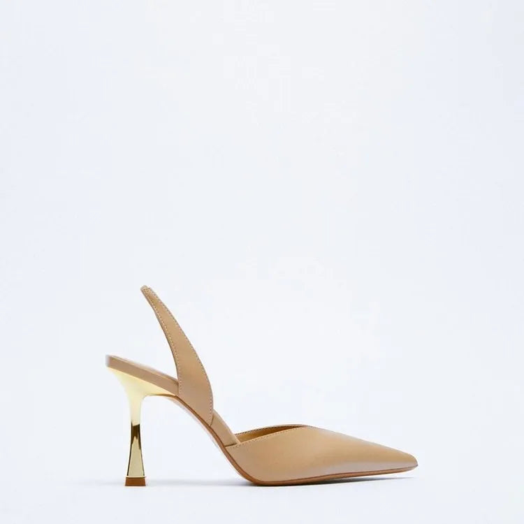 Women's patent leather pointed high heels with shallow mouth design in apricot colour