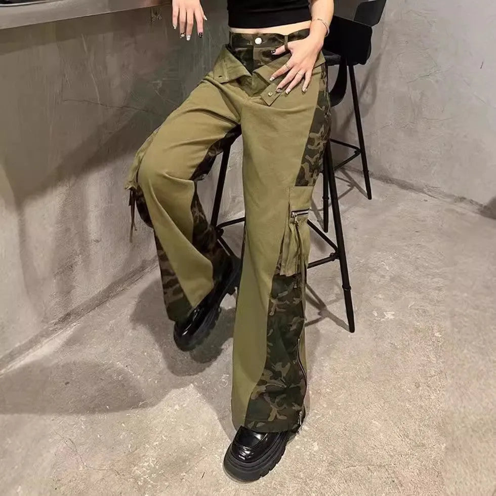 Women's dark khaki leopard print high waist straight leg jeans with contrast stitching detail.