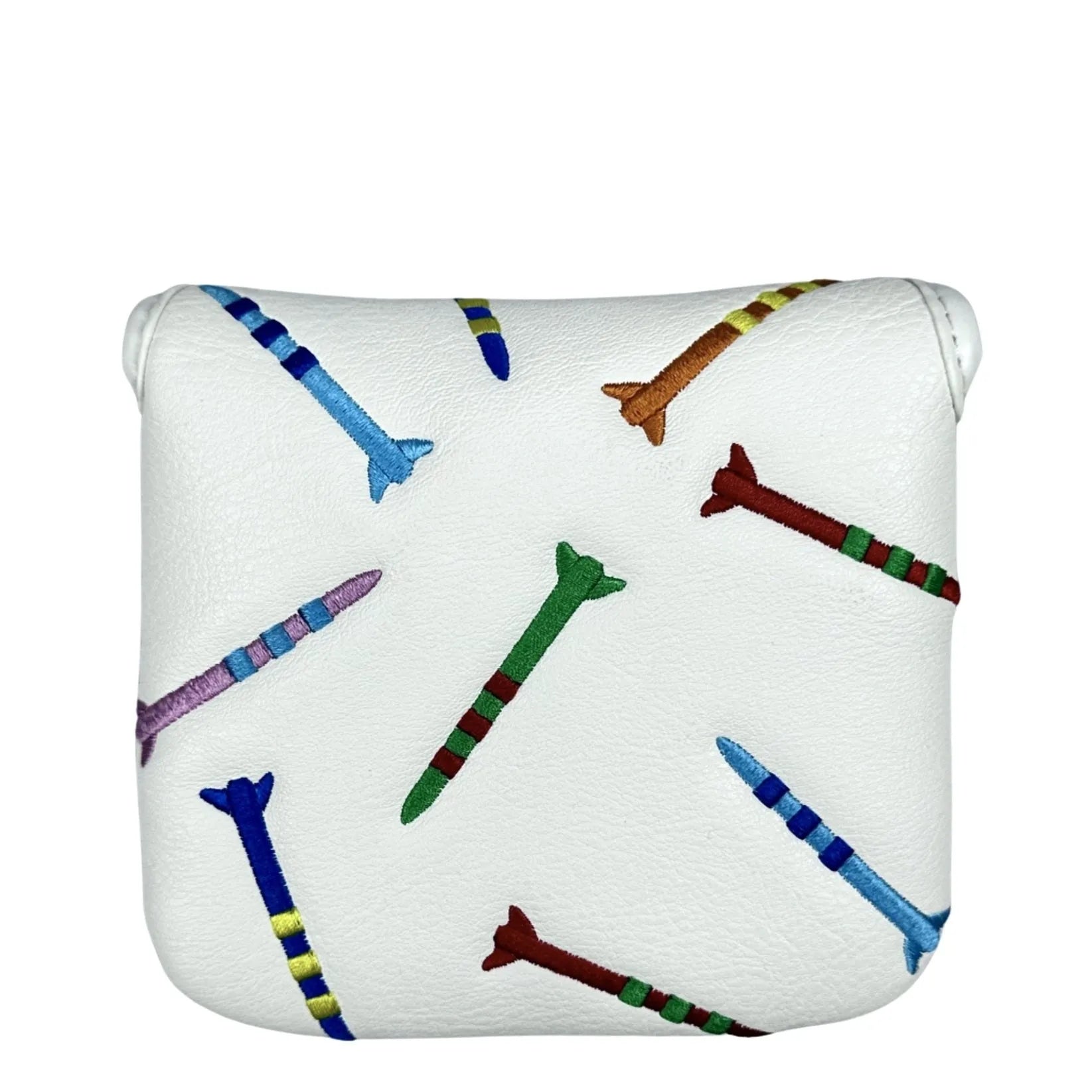Black and white golf putter protective sleeve with rocket pattern design for square-headed clubs
