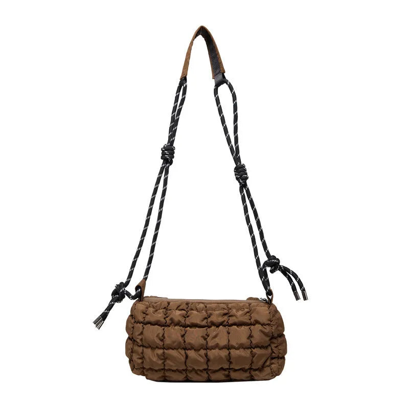 Women's lightweight nylon messenger bag in pillow shape with crossbody strap and rhombus pattern