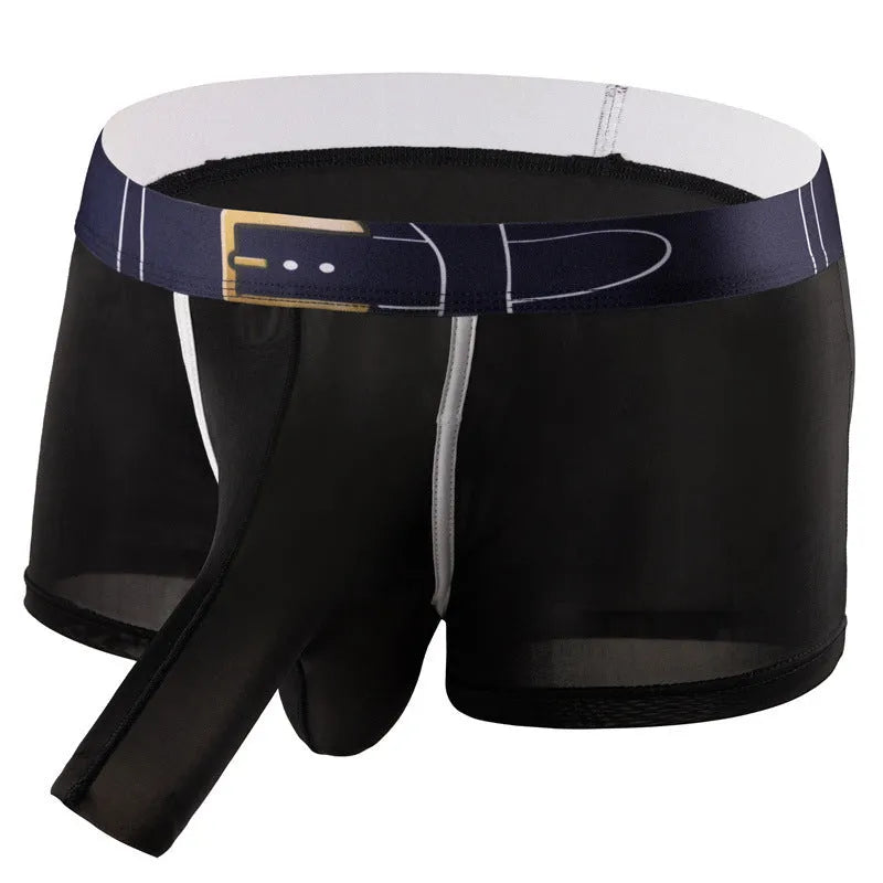 Men's solid colour boxer shorts in ice silk fabric, shown in grey, on a white background.