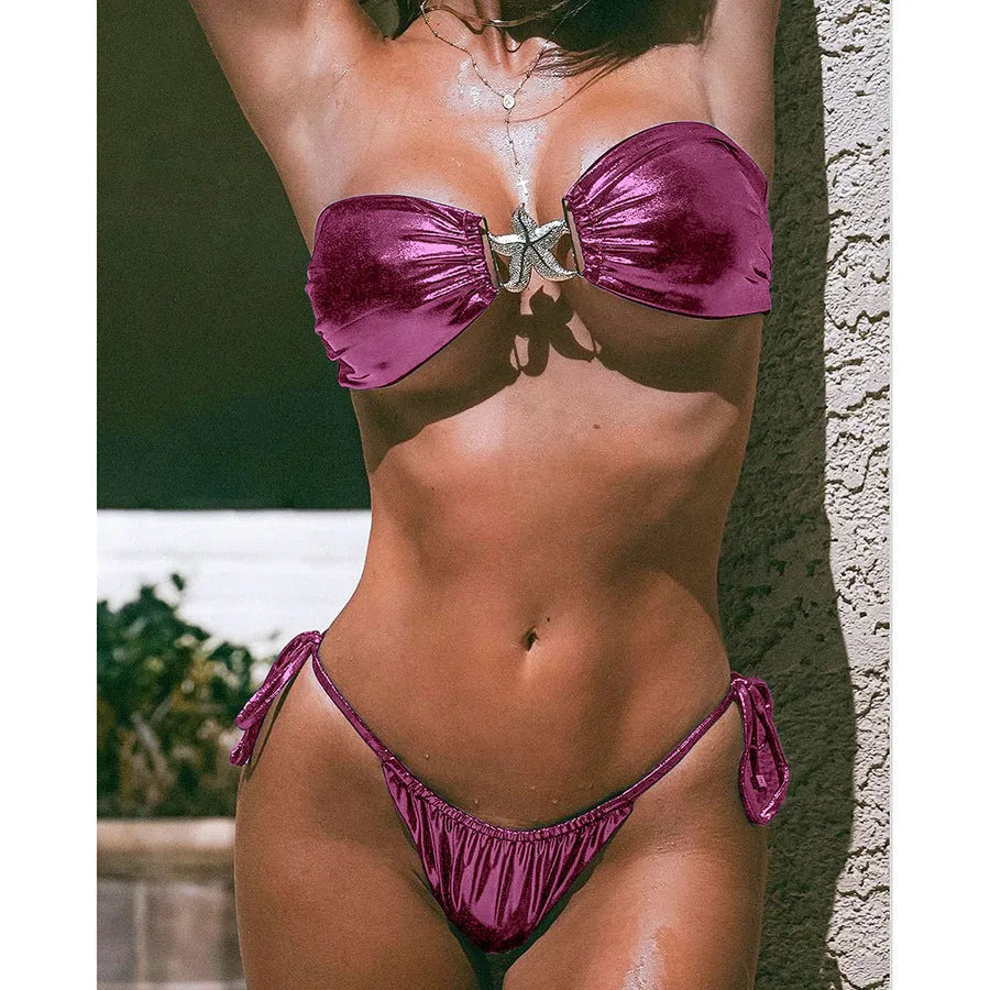 Glossy fabric tube top split bikini with gold starfish decoration in blue or pink colours