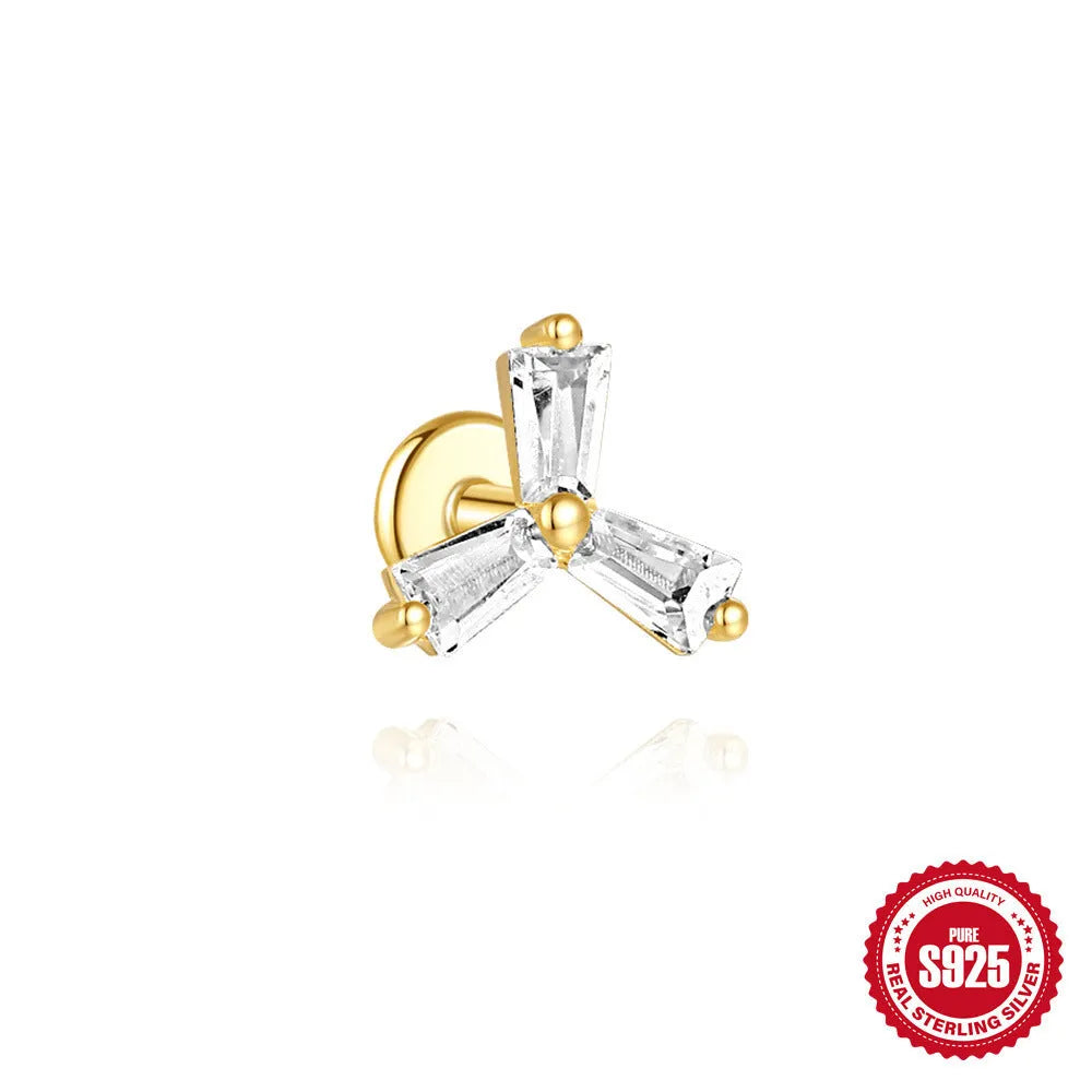 S925 sterling silver zircon geometric stud earrings with gold-plated finishes in clover, crown and chain designs