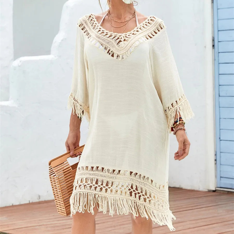 Women's apricot crocheted patchwork dress with mid-length skirt and regular sleeves
