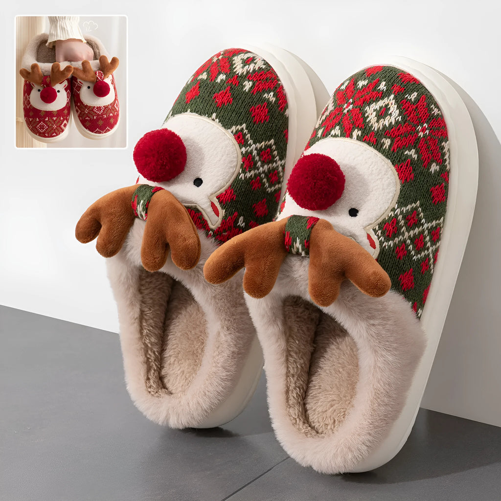 Cute Christmas elk plush slippers in Christmas Red with non-slip sole for women winter home use