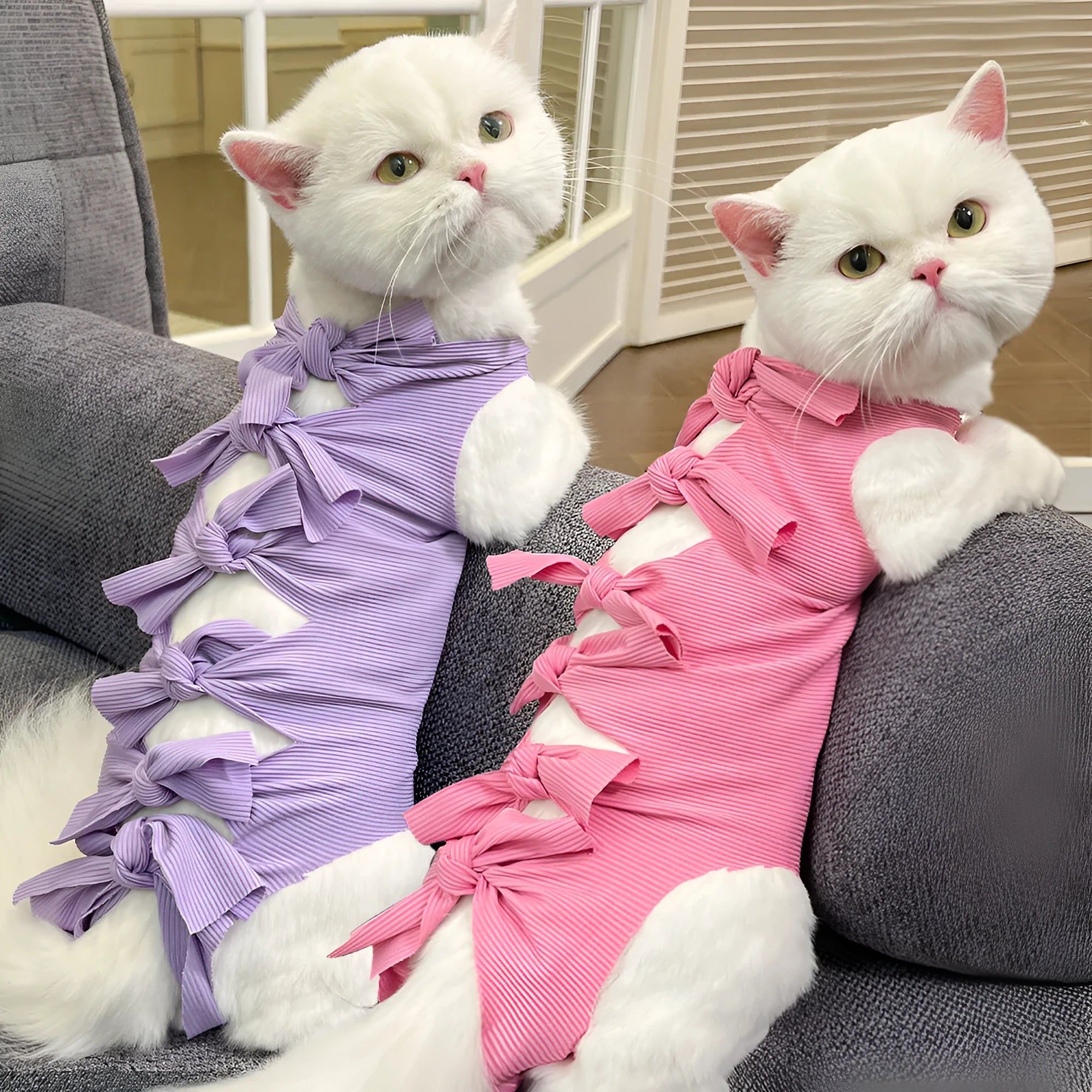 Lace-up cat sterilization clothing in polyester for post-operation recovery, shown in multiple colour options