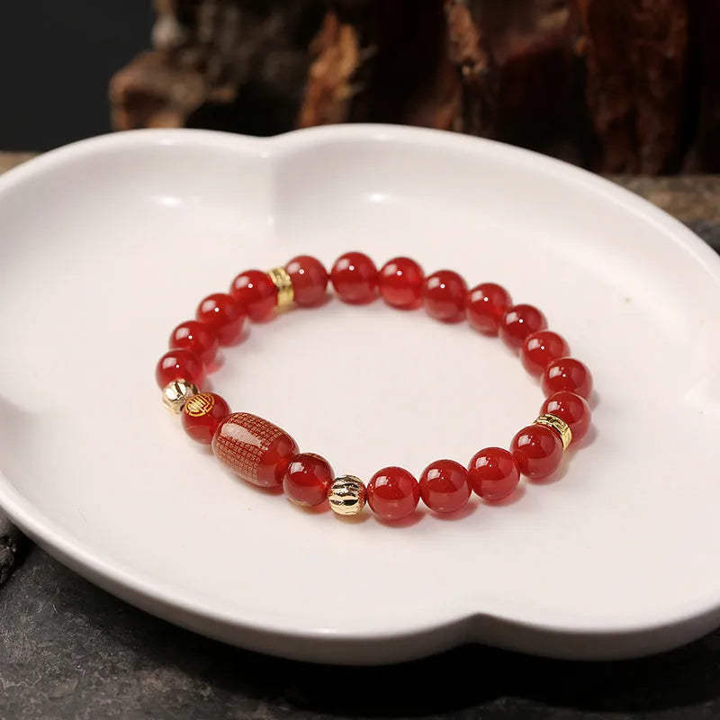 Red agate Guanyin bracelet with edge rosary design and auspicious patterns