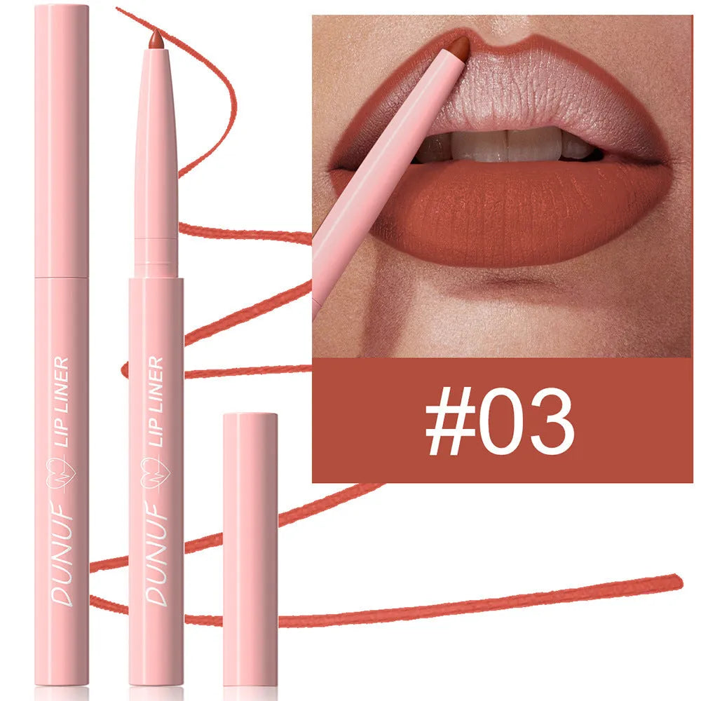 A single velvet matte lip liner pencil shown with a swatch of its colour, representing one of 12 available shades.