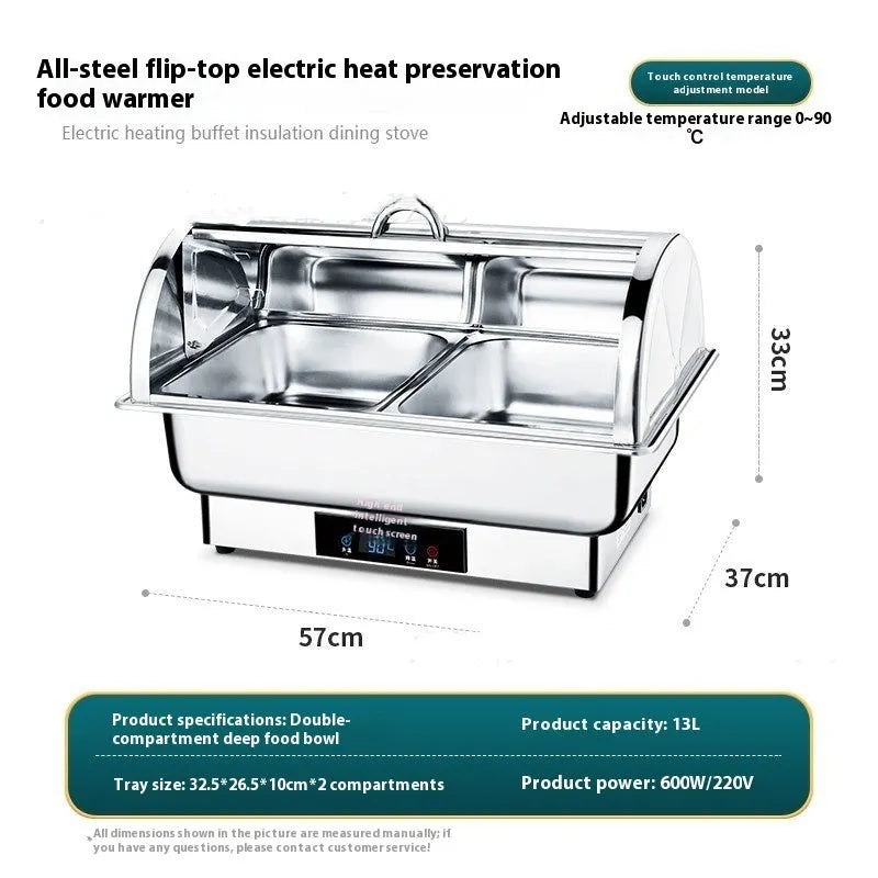 Stainless steel electric buffet stove with transparent flip lid and LCD temperature control display