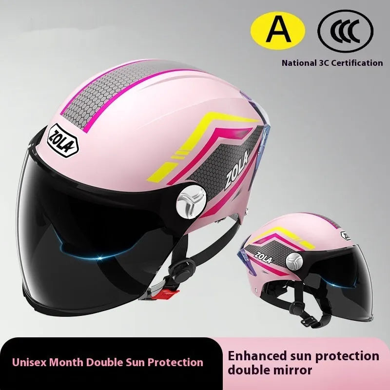 Universal 3C motorcycle half helmet with double mirror visor in light brown colour
