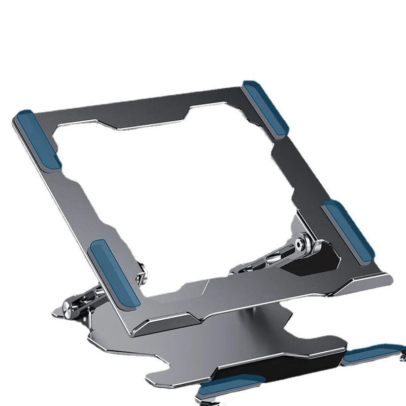 Grey aluminum folding laptop stand shown at an adjustable angle holding a silver laptop.