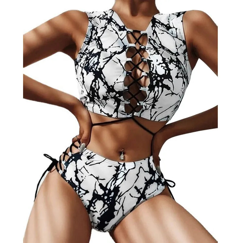 Black and white tie dye two-piece bikini set with chest pad and tied details on the top