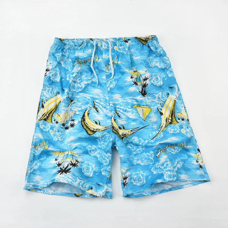 Men's floral print five-point swimming trunks in polyester, showing one of 24 available colour patterns.