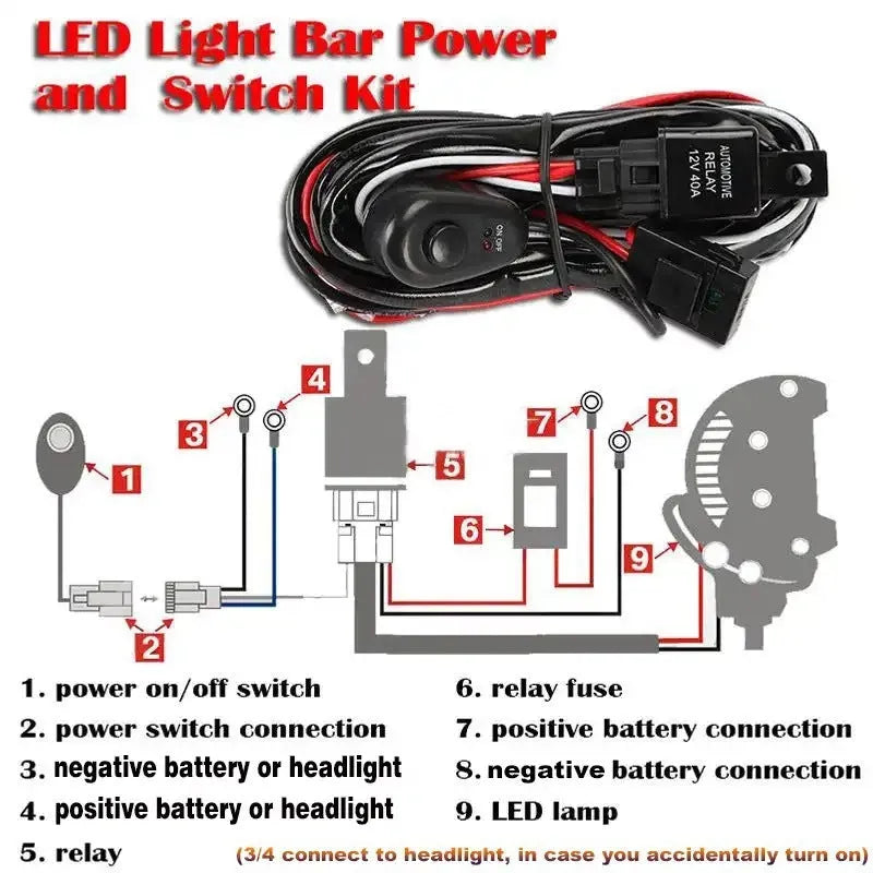 One drag two LED work light wiring harness with 2 metre silicone cable for automotive roof spotlight installations