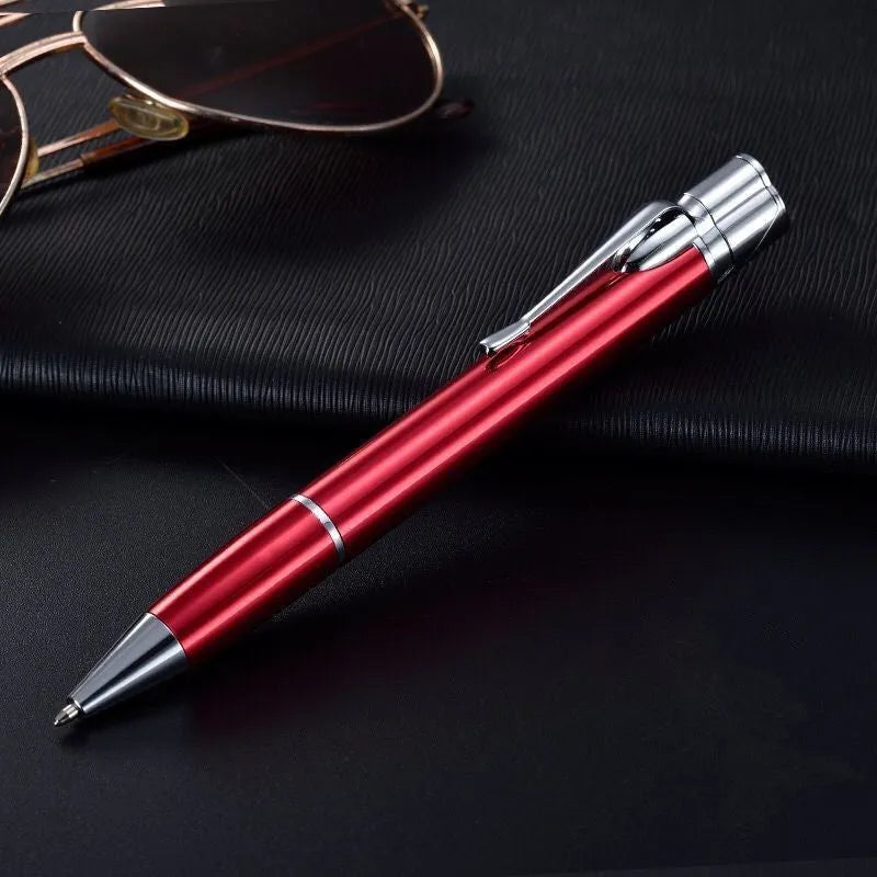 Windproof metal jet pen lighter in assorted colours showing slim refillable design