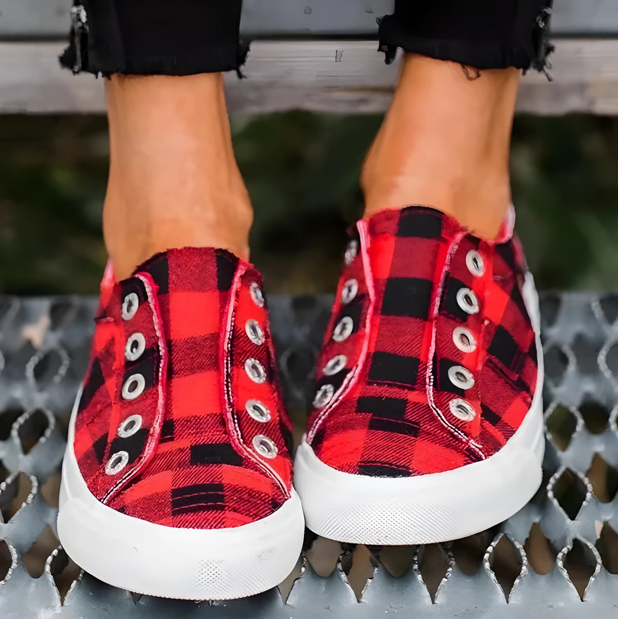 Women canvas lace-up sneakers in Blue Red and White colours with rubber sole