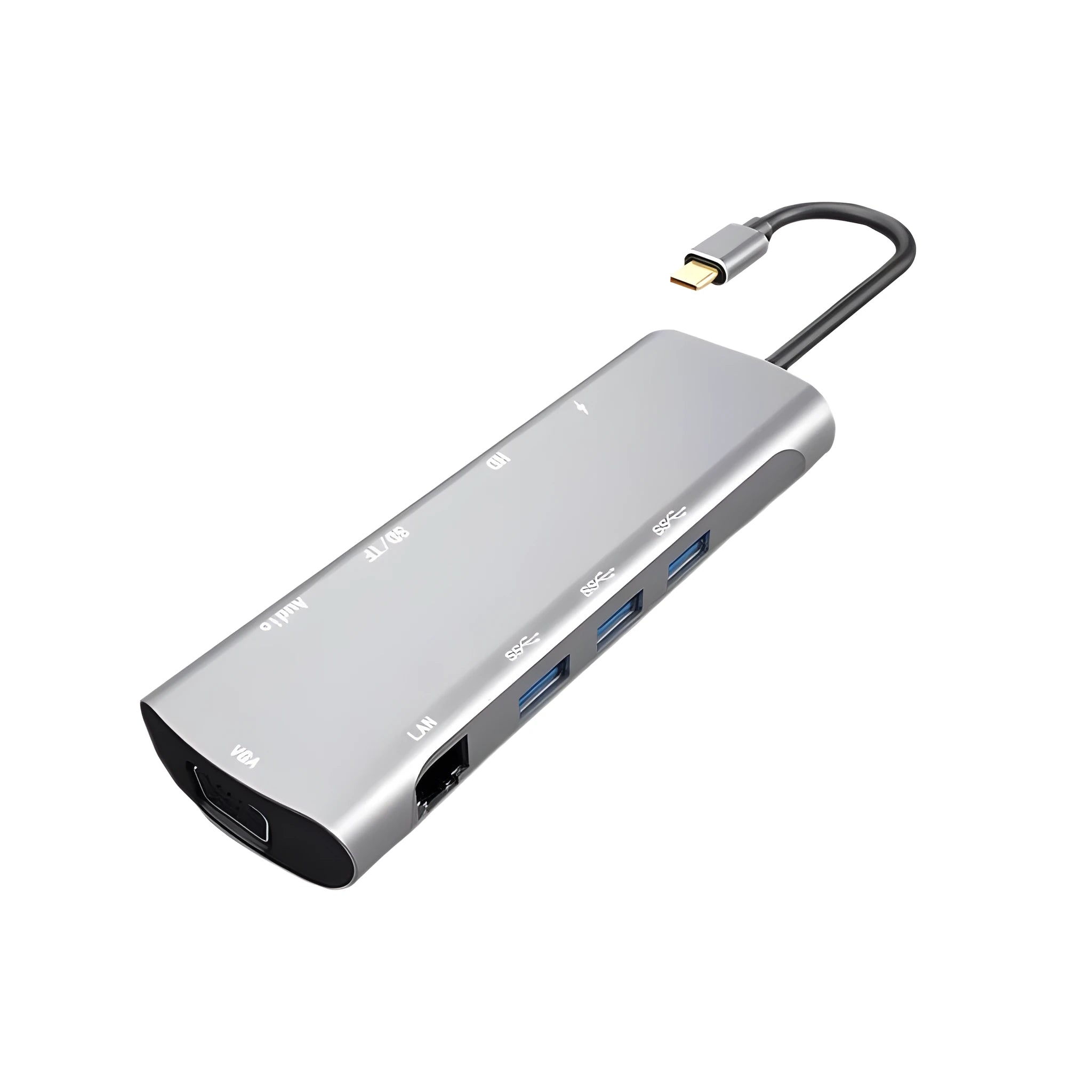 Grey aluminium USB-C docking station with HDMI, VGA, and USB 3.0 ports