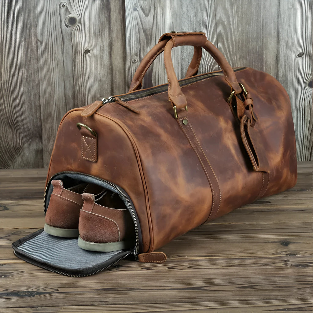 Men's crazy horse leather travel bag brown coffee 50cm length 25cm height