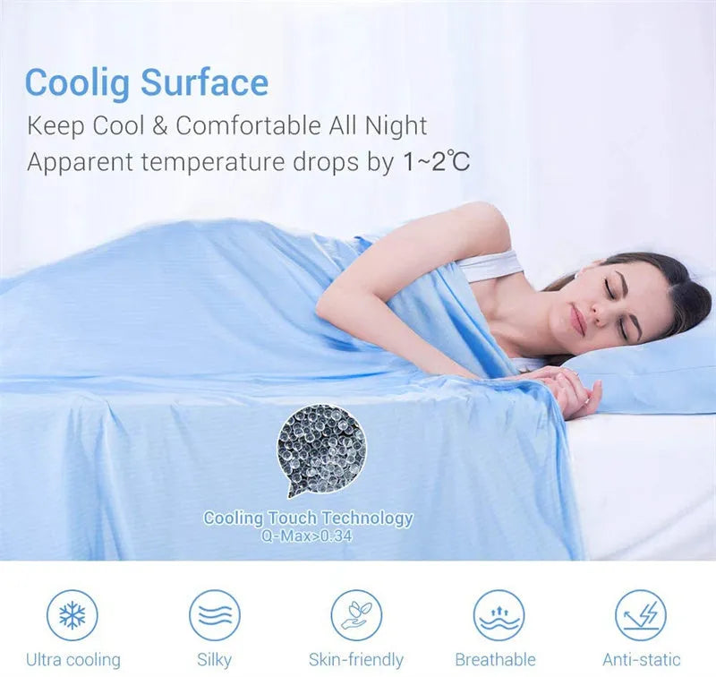 A blue polyester cooling blanket with Q-Max 0.4 technology laid on a bed.