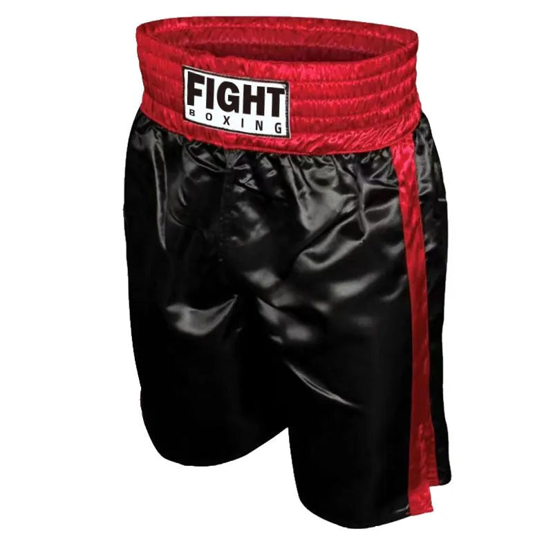 Black and white striped waist kickboxing shorts with side splits on a mannequin.