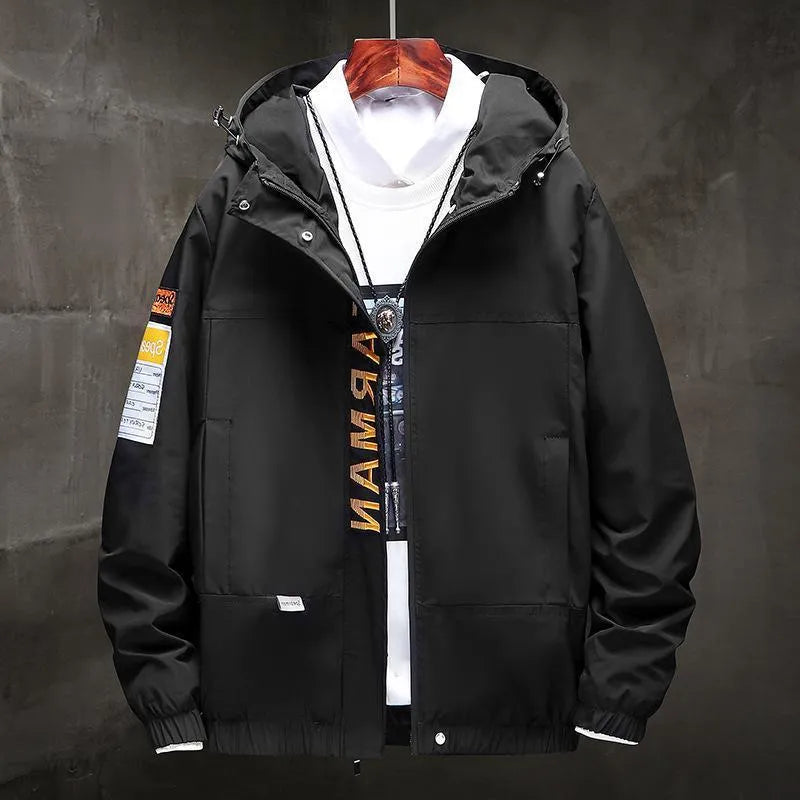 Hong Kong style jacket for men in black, made from 100% polyester chemical fibre fabric.