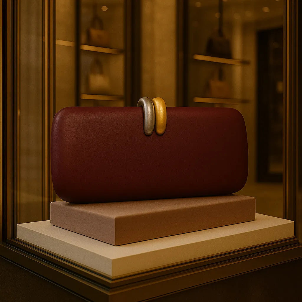 Hard oval PU clutch bag with chain strap in burgundy, showing three-dimensional pocket and crossbody wear option